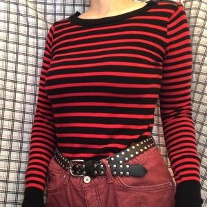 Express Red & Black Striped Long Sleeve Shirt